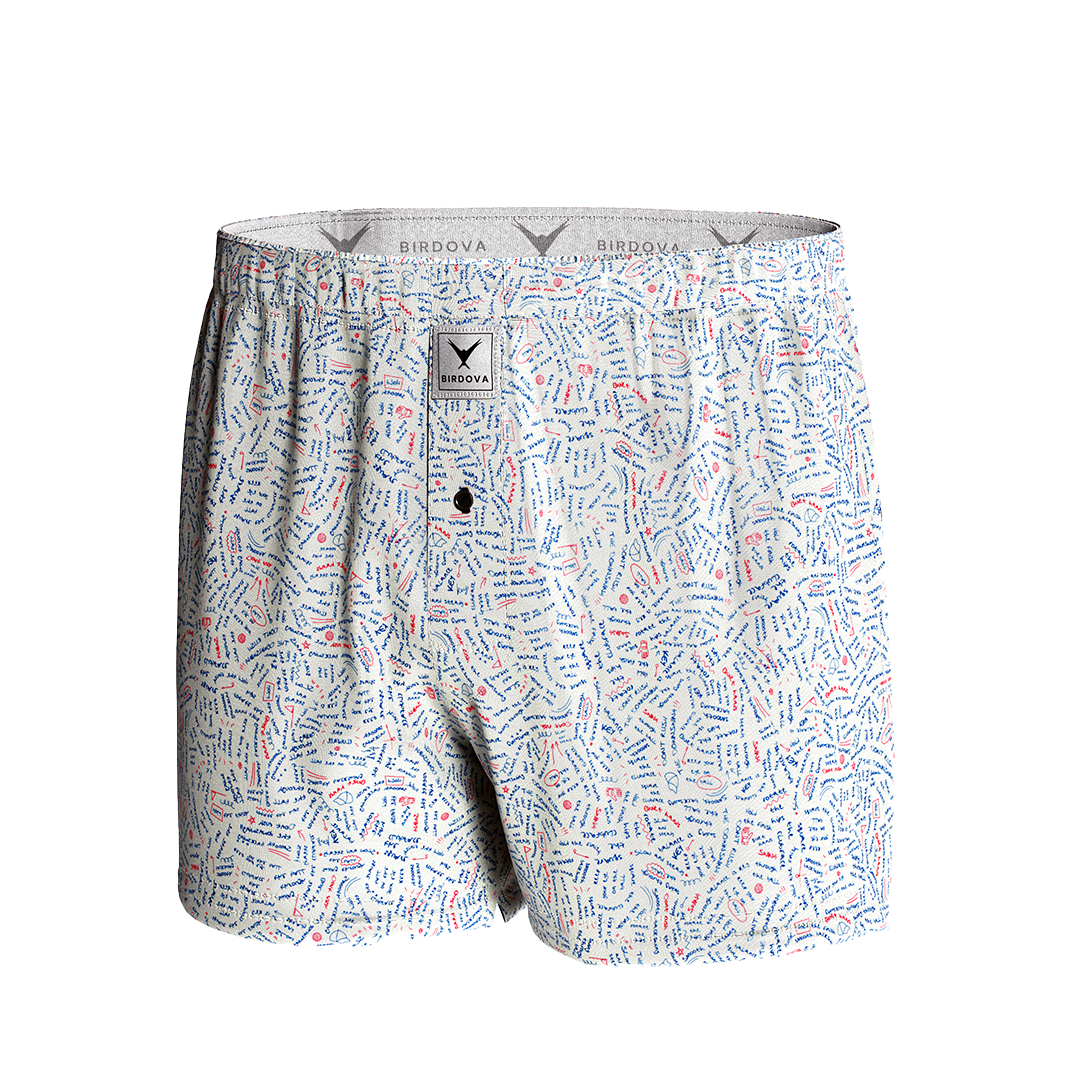 Front view of Swing Thoughts golf advice-themed boxers by Birdova