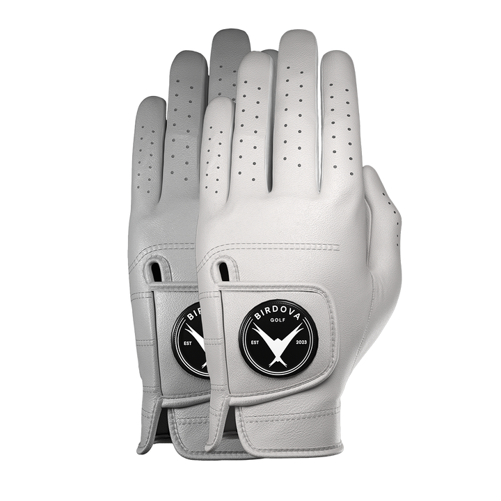 One Snowy Owl White and one Pigeon Grey Golf Glove side by side by Birdova