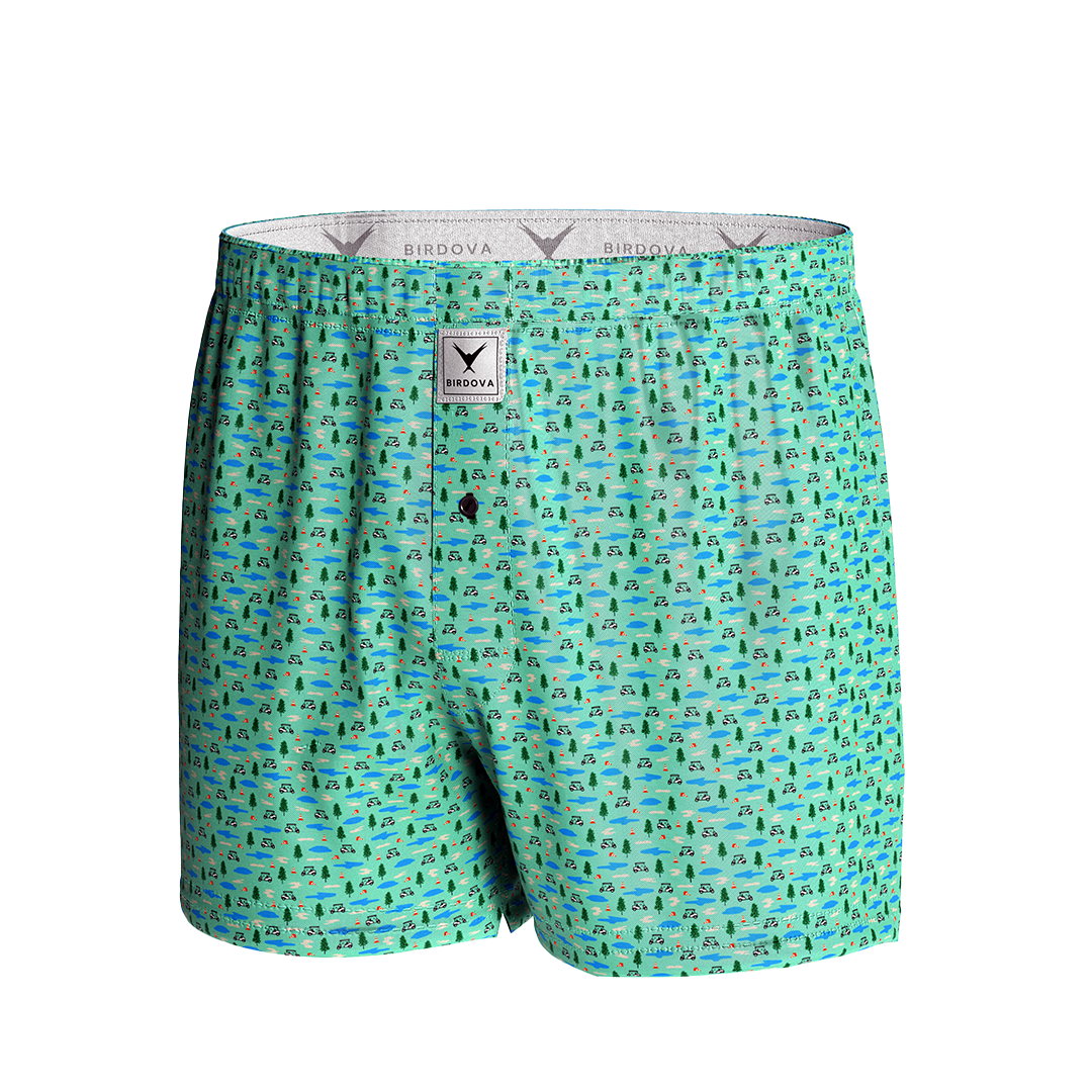 Front view of Course Hazards golf-themed boxers by Birdova