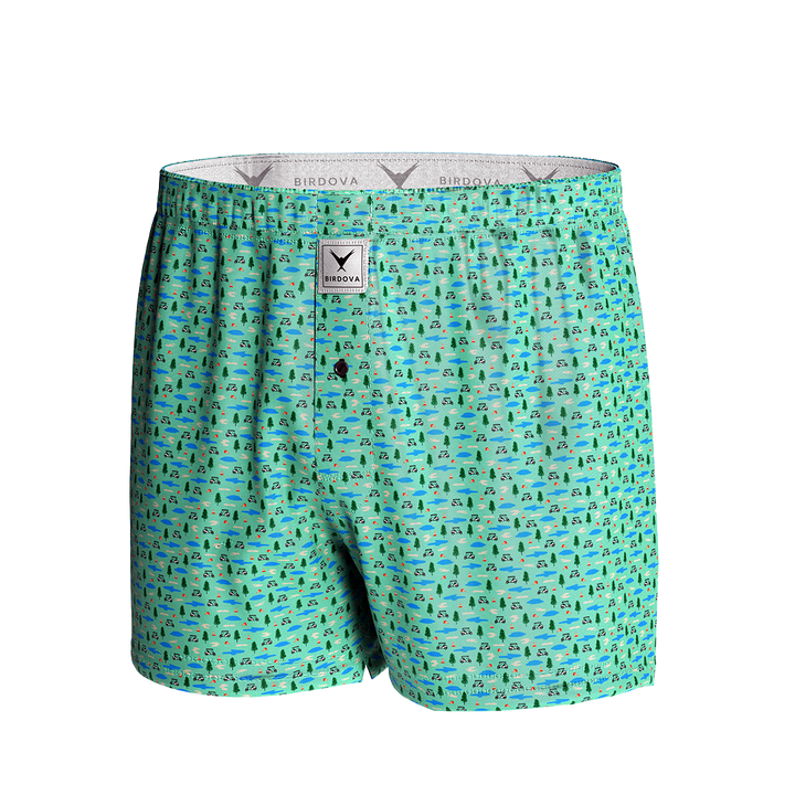 Front view of Course Hazards golf-themed boxers by Birdova