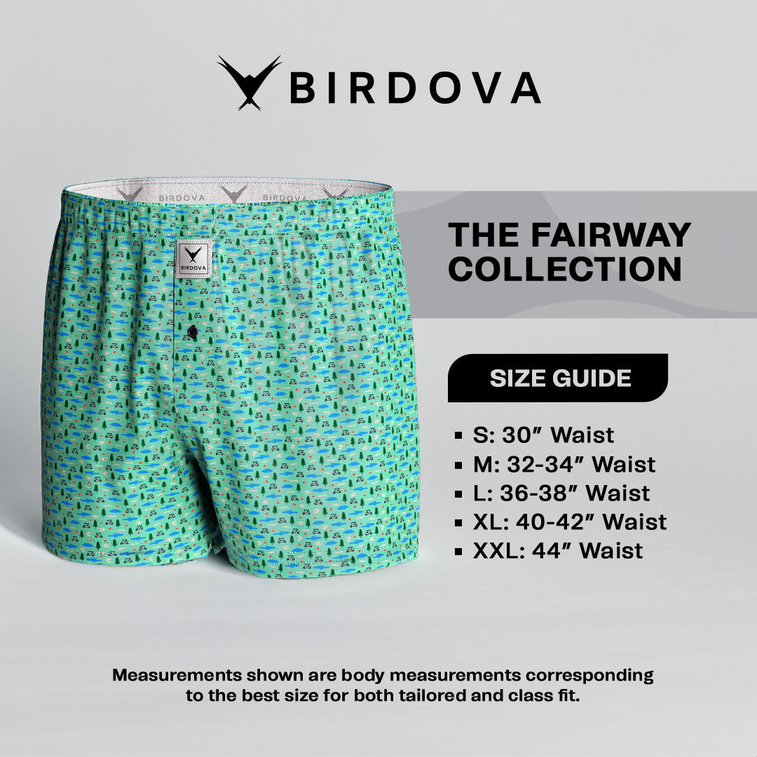 Size chart and front view of Course Hazards boxers by Birdova