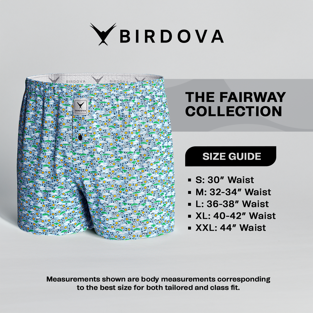 Size chart and front view of Hole-In-One Dream boxers by Birdova