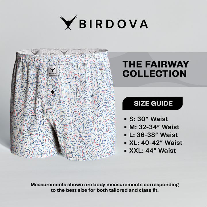 Size chart and front view of Swing Thoughts boxers by Birdova