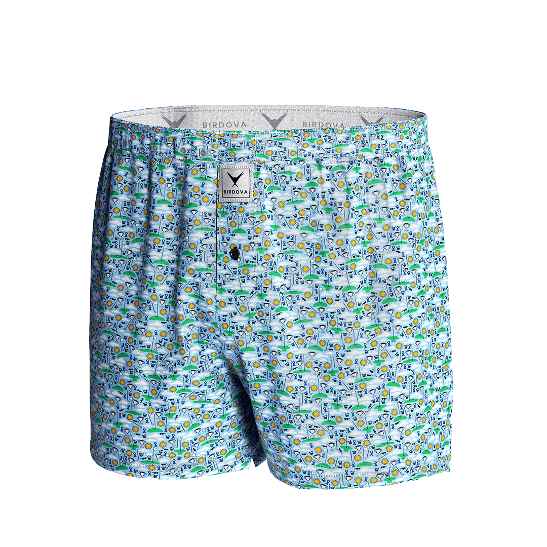 Front view of Hole-In-One Dream golf achievement-themed boxers by Birdova