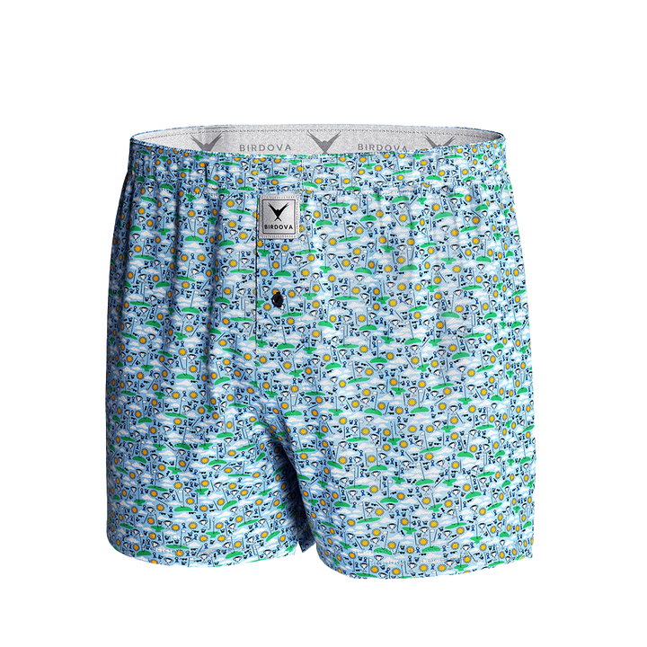 Front view of Hole-In-One Dream golf achievement-themed boxers by Birdova