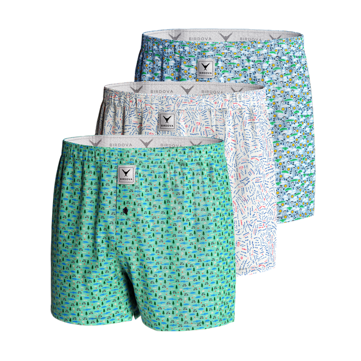 Group shot of The Fairway Collection: Course Hazards, Swing Thoughts, Hole-In-One Dream boxers by Birdova